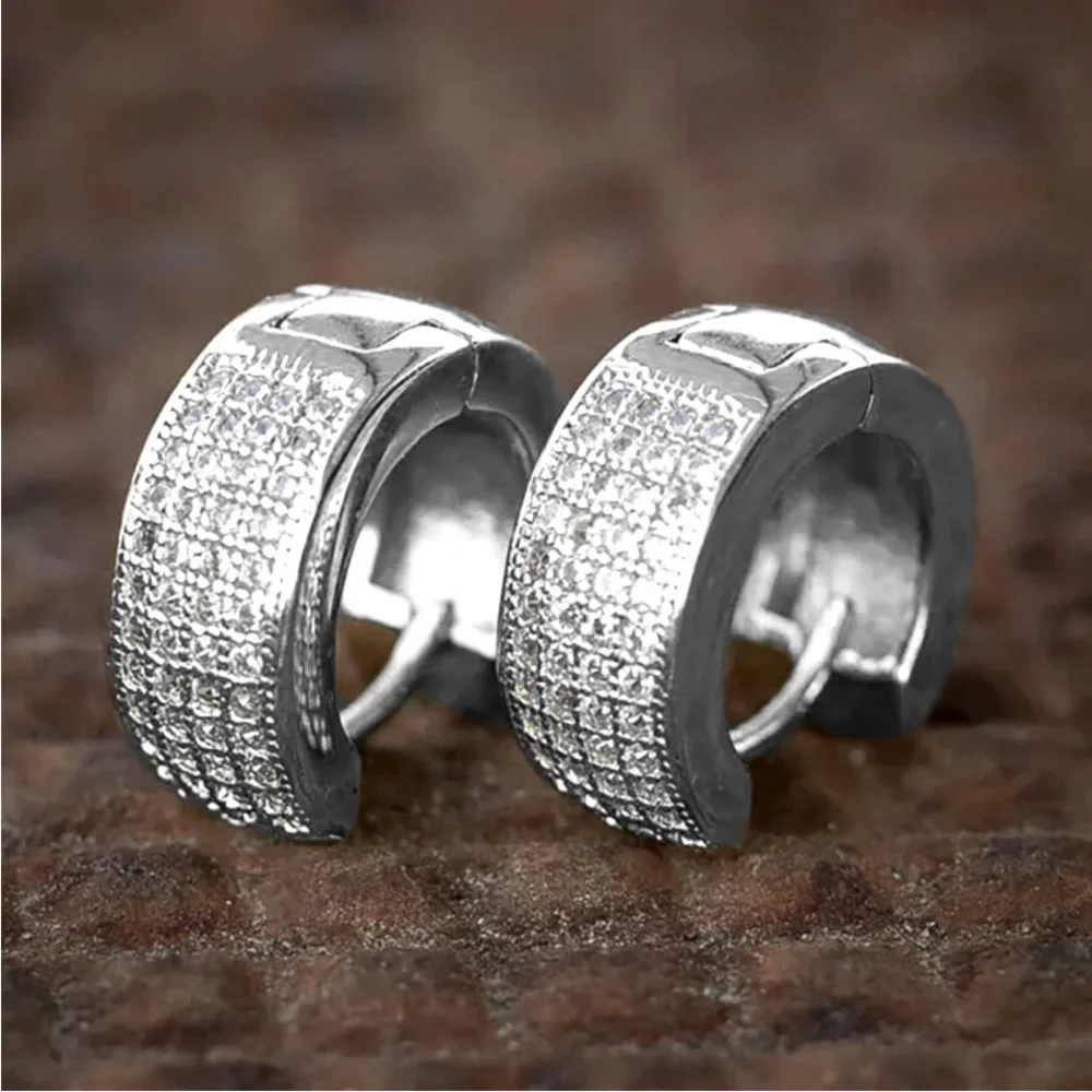 New Men’s Sterling Silver Sim. Diamond Wide Huggie Studs